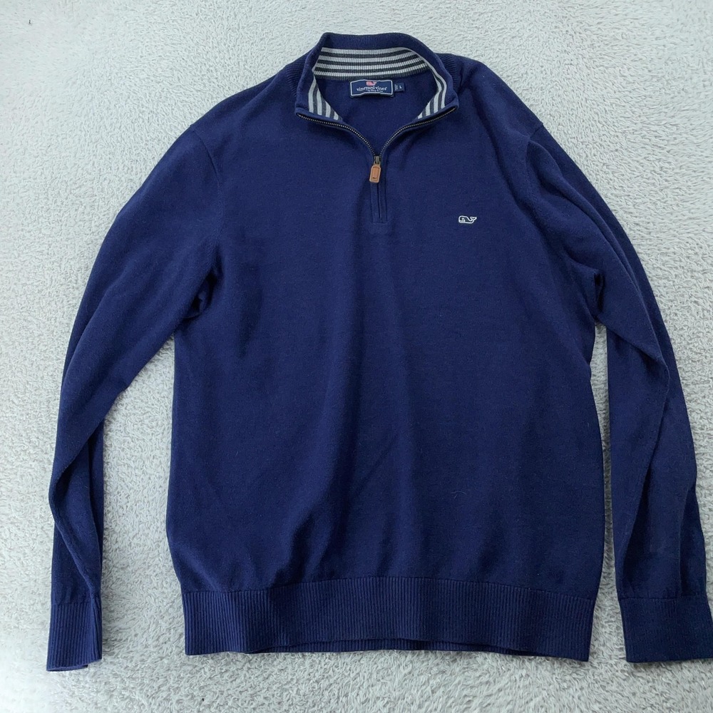 Vineyard Vines‎ Sweater Mens Large Navy Quarter Zip Whale Logo Pullover Cotton